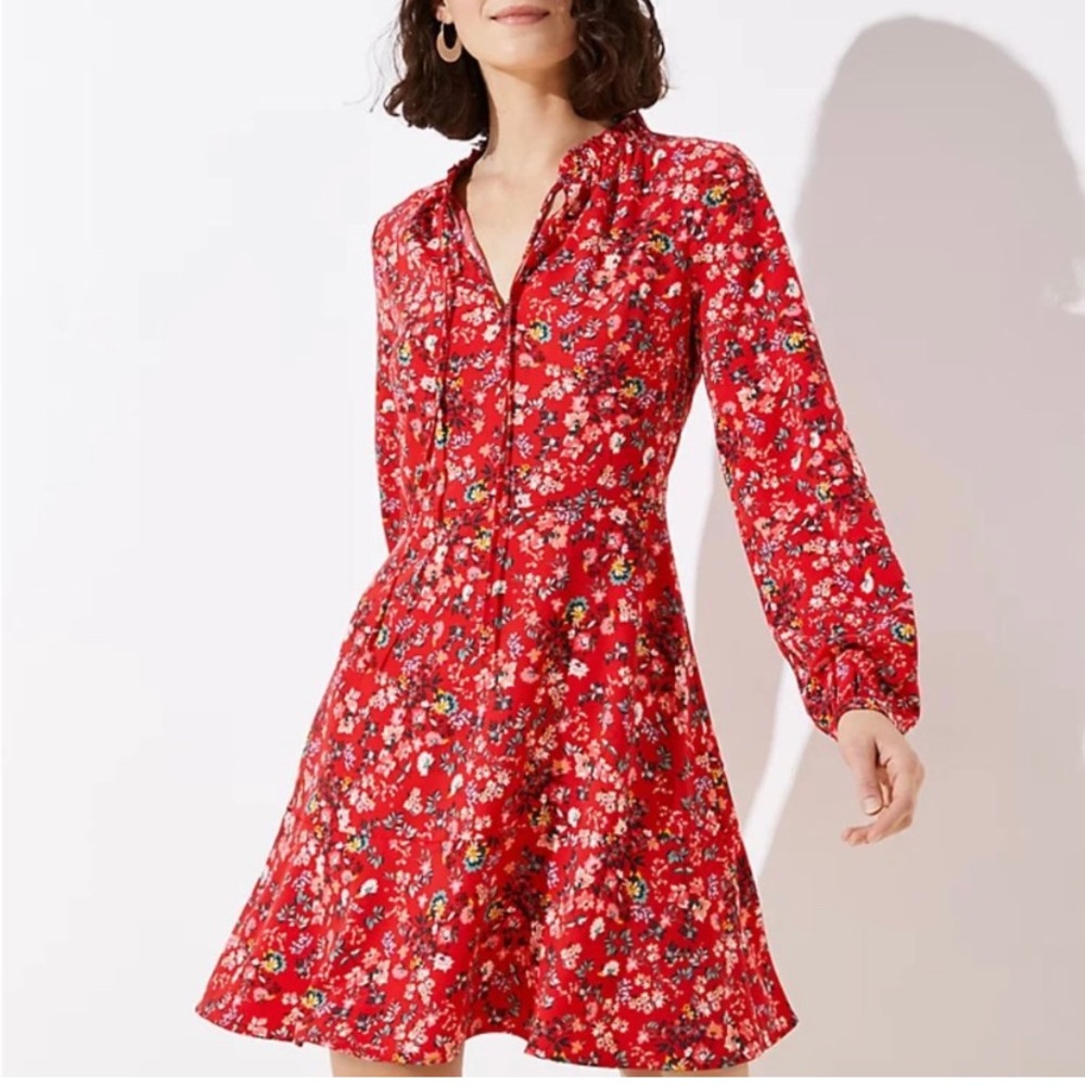 LOFT floral primrose tie neck flare dress